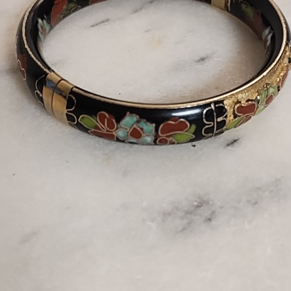 Vintage Cloisonne Hinged Bracelet with Enamel On Outside & Inside Collectible - Picture 4 of 10